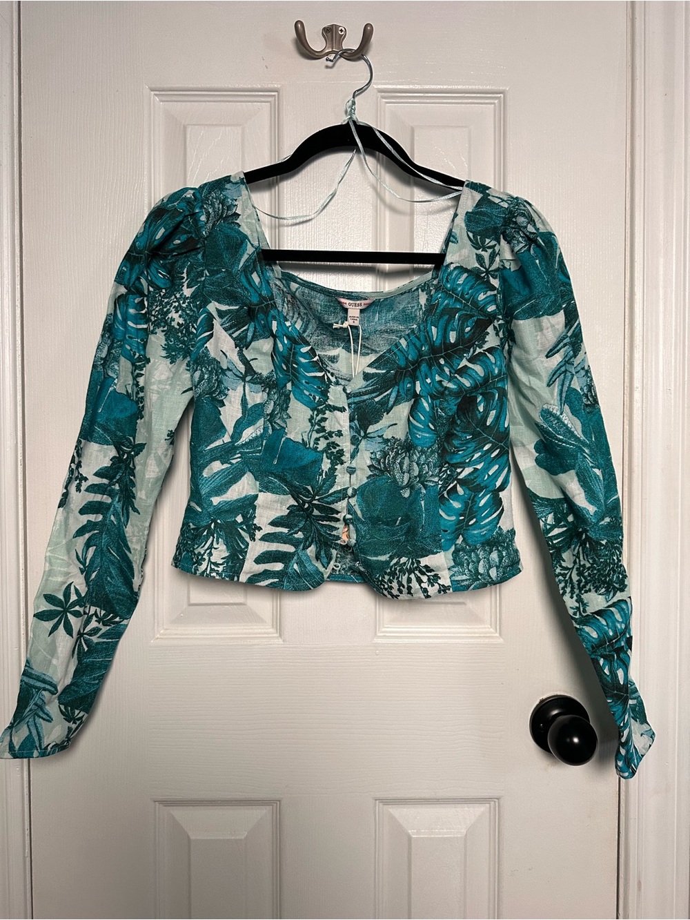 Guess by Marciano Teal Botanical Long-Sleeve Crop Top